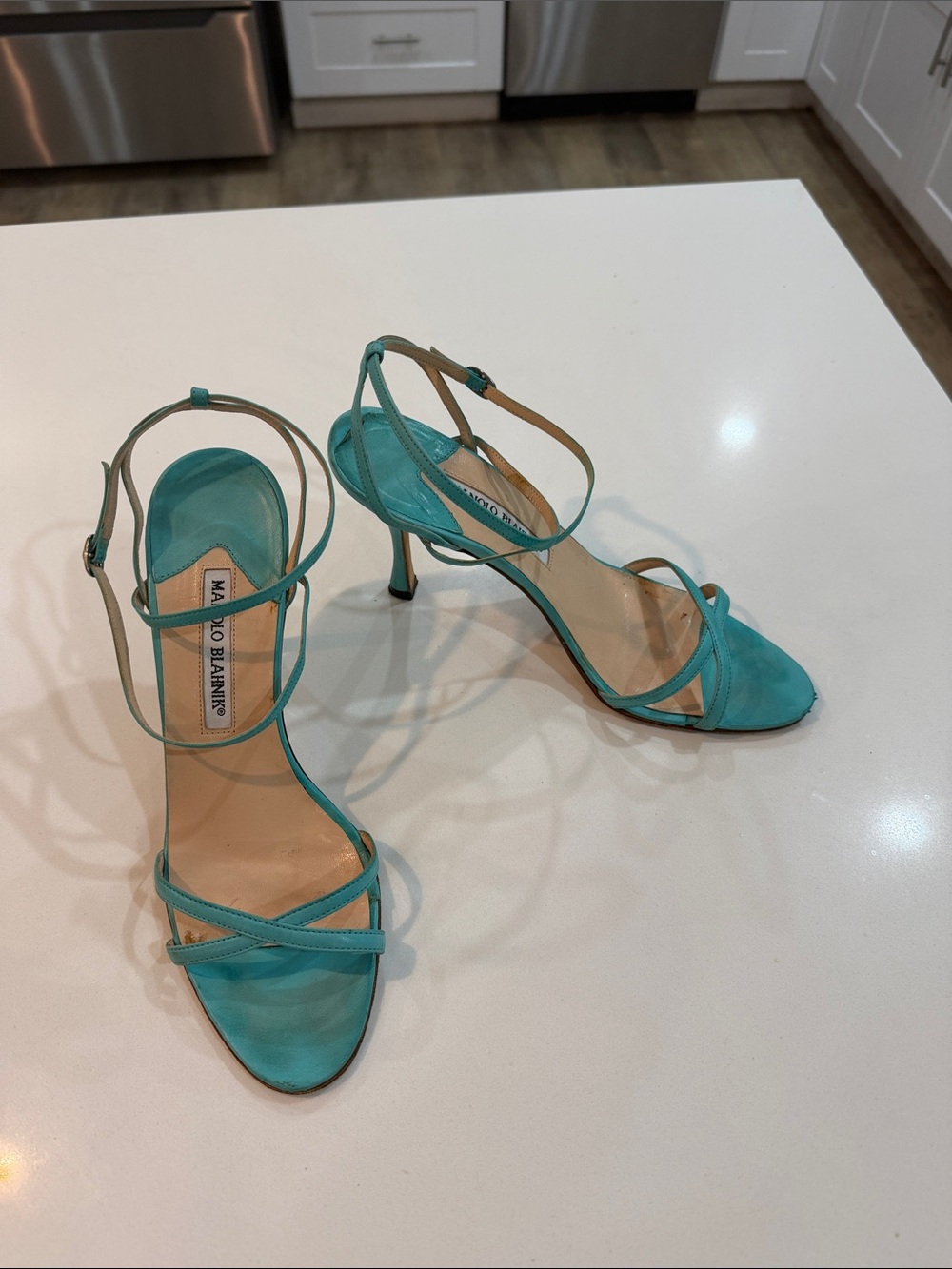 Manolo Blahnik Turquoise Strappy Leather Stiletto Sandals Vintage 👠 Y2K